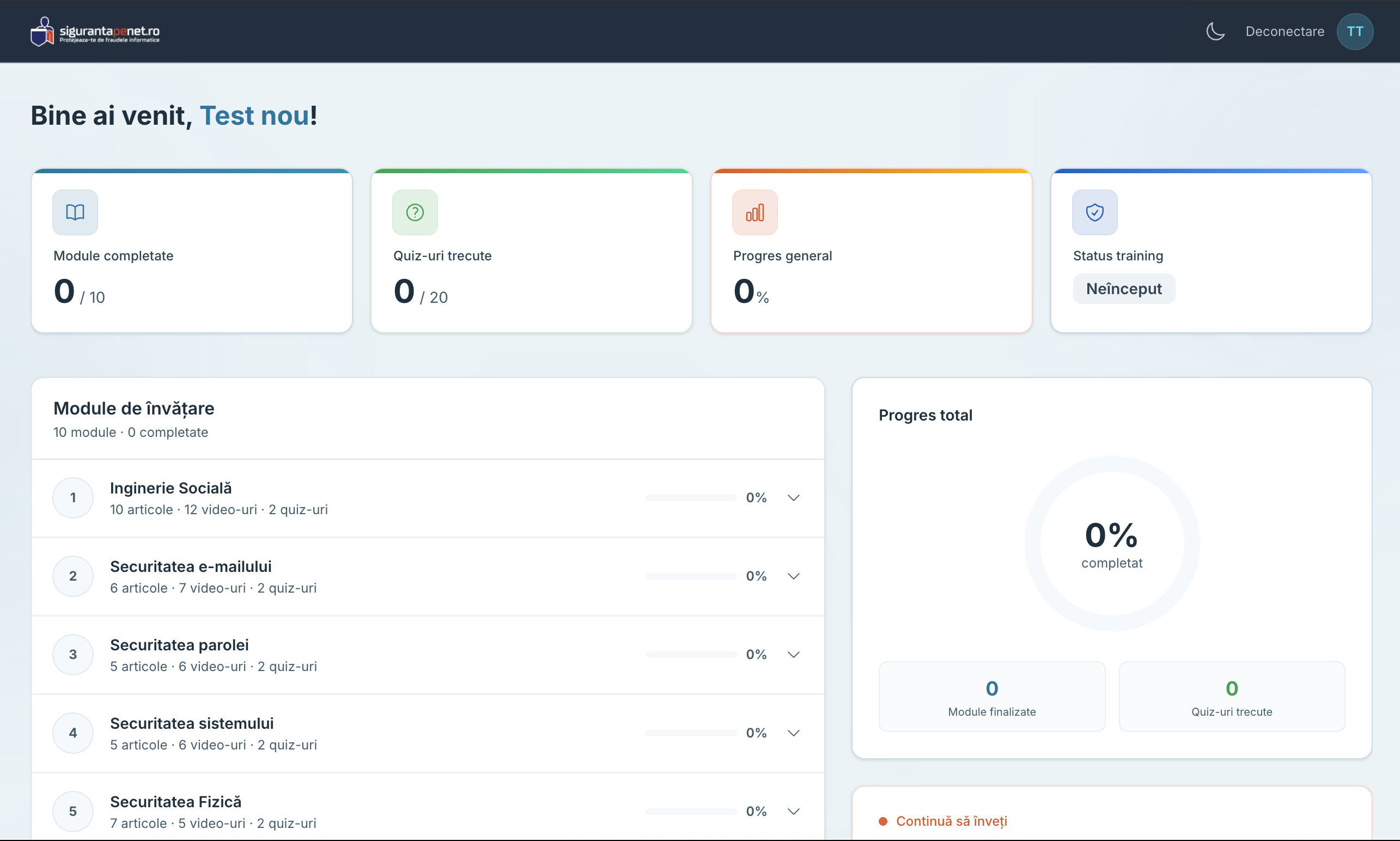 Dashboard angajat · module și progres