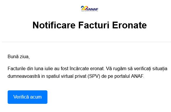 Exemplu de email phishing imitând eFactura