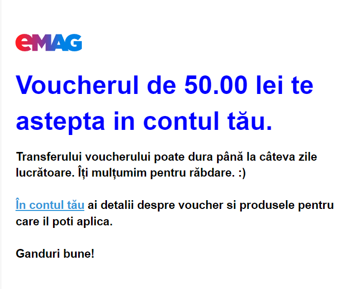 Exemplu de email phishing imitând eMag