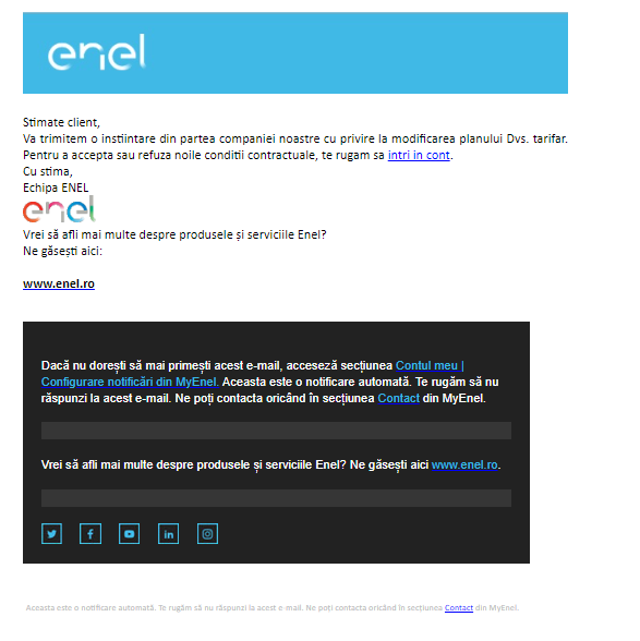 Exemplu de email phishing imitând Enel