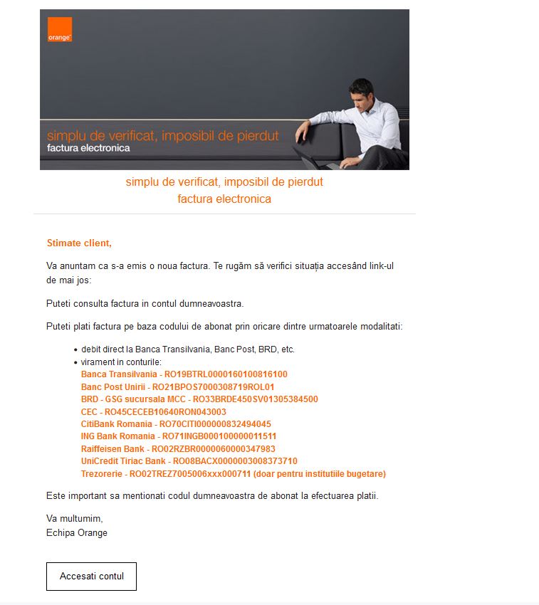 Exemplu de email phishing imitând Orange