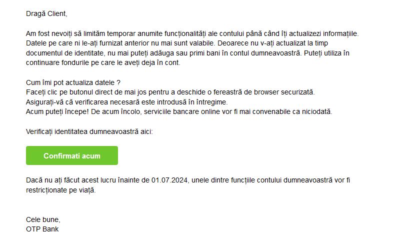 Exemplu de email phishing imitând OTP Bank
