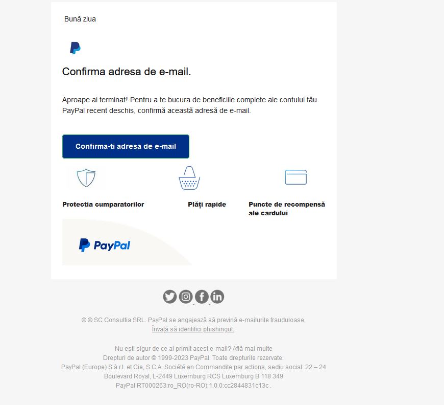 Exemplu de email phishing imitând PayPal